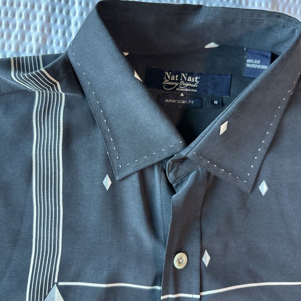 Nat Nast Mens Silk Button Up Medium Black Bowling Shirt Diamond